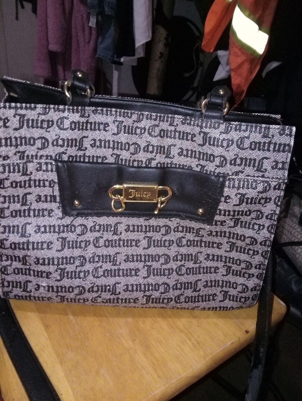 Juicy Couture Black & Gray Logo Print Tote with Gold Hardware